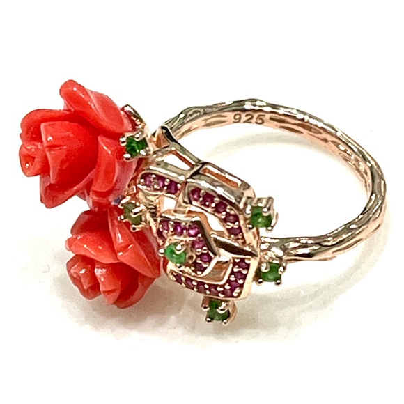 Natural Coral Emerald Aquamarine Garnet 14KGP Ring - Picture 5 of 6